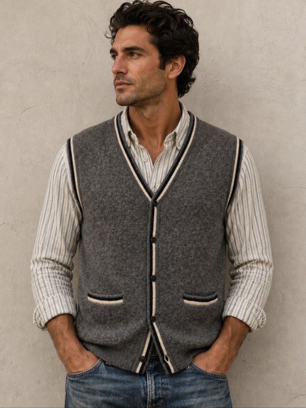 Vtg Authentic Gap 100% Lambswool Sweater Vest Grey Button Up 90s Men's Sz XL